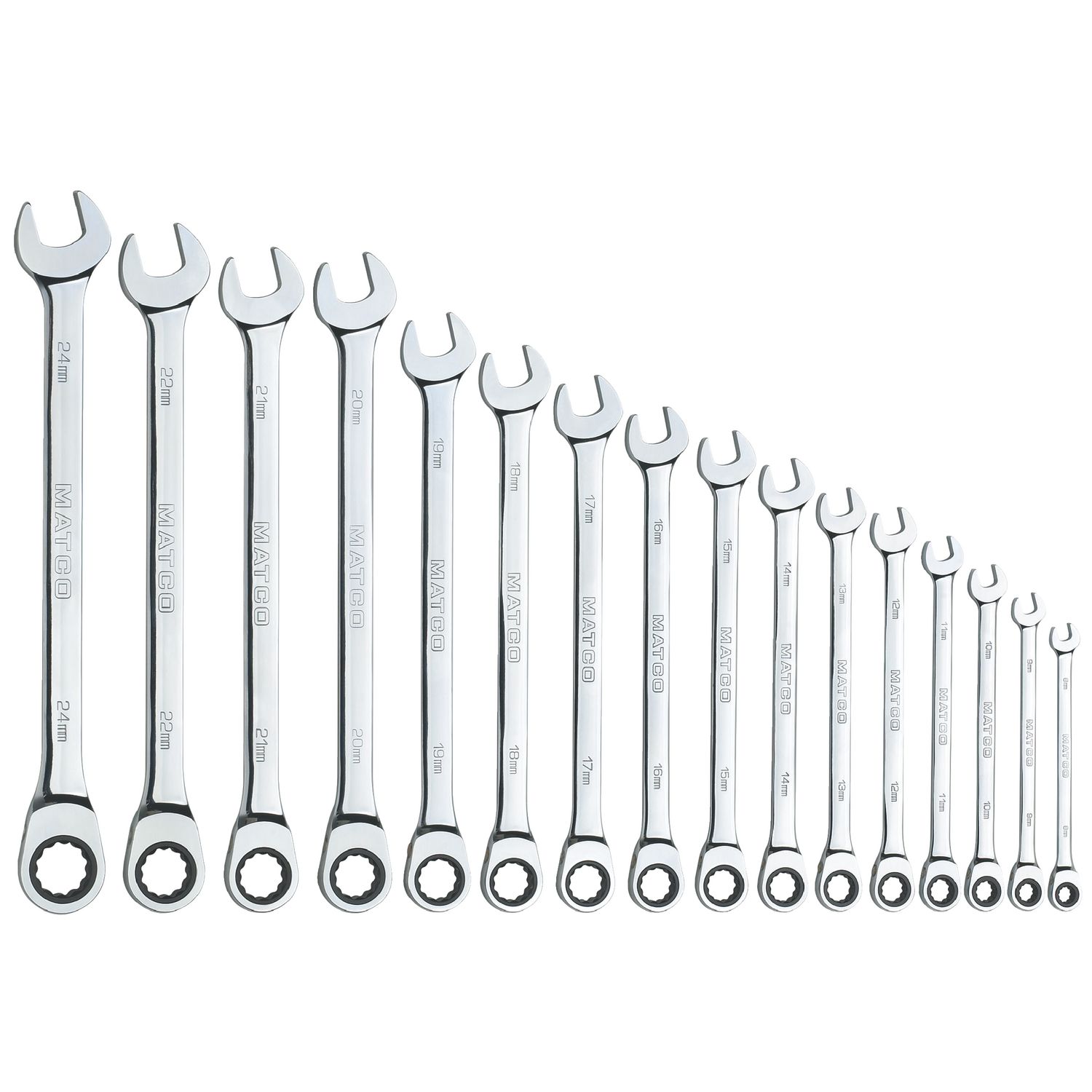 16 PIECE 72 TOOTH METRIC EXTRA LONG COMBINATION RATCHETING WRENCH SET