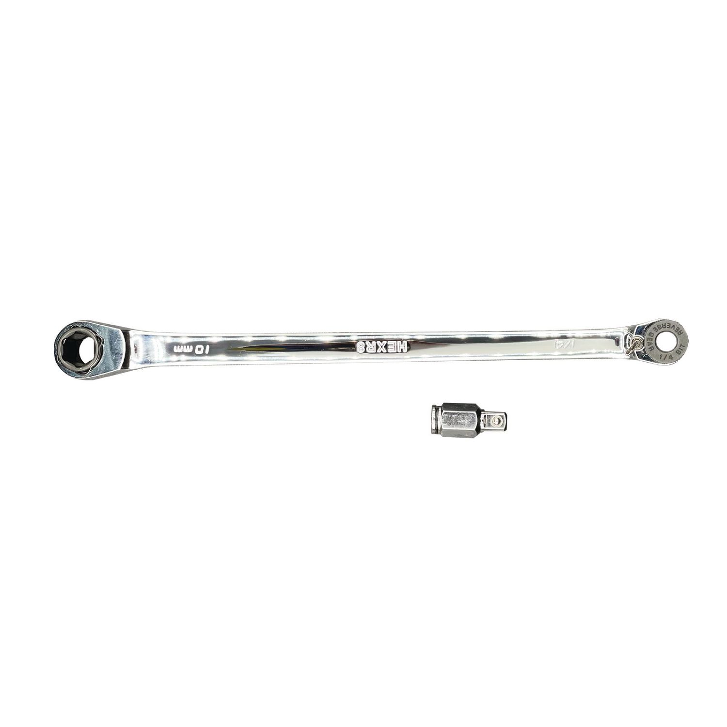 8" LONG 10MM X 1/4" HEX RATCHET WRENCH WITH 10MM X 1/4" SQUARE ADAPTER