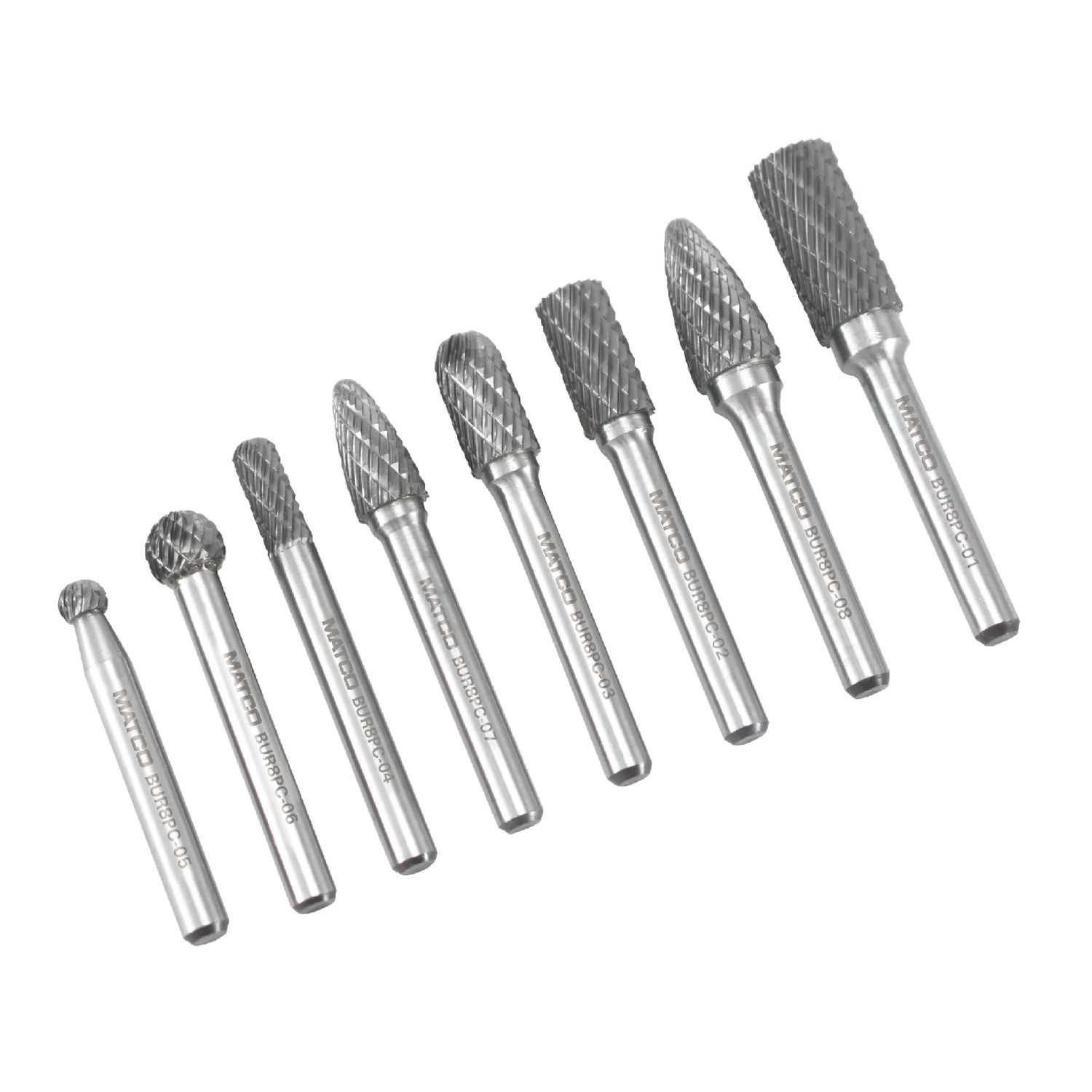 STANDARD LENGTH CARBIDE BURR SET, 1/4" STANK, DOUBLE CUT, 8 PC